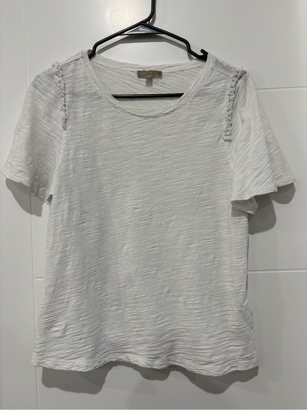 Lilla P Cream Short-Sleeve Slub Knit Tee with Shoulder Braid